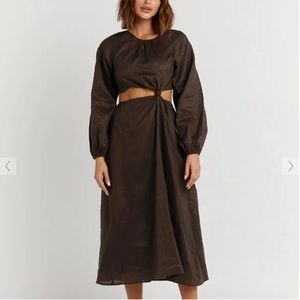 SOFIA DARK CHOC LINEN MIDI DRESS - 4 / CHOCOLATE